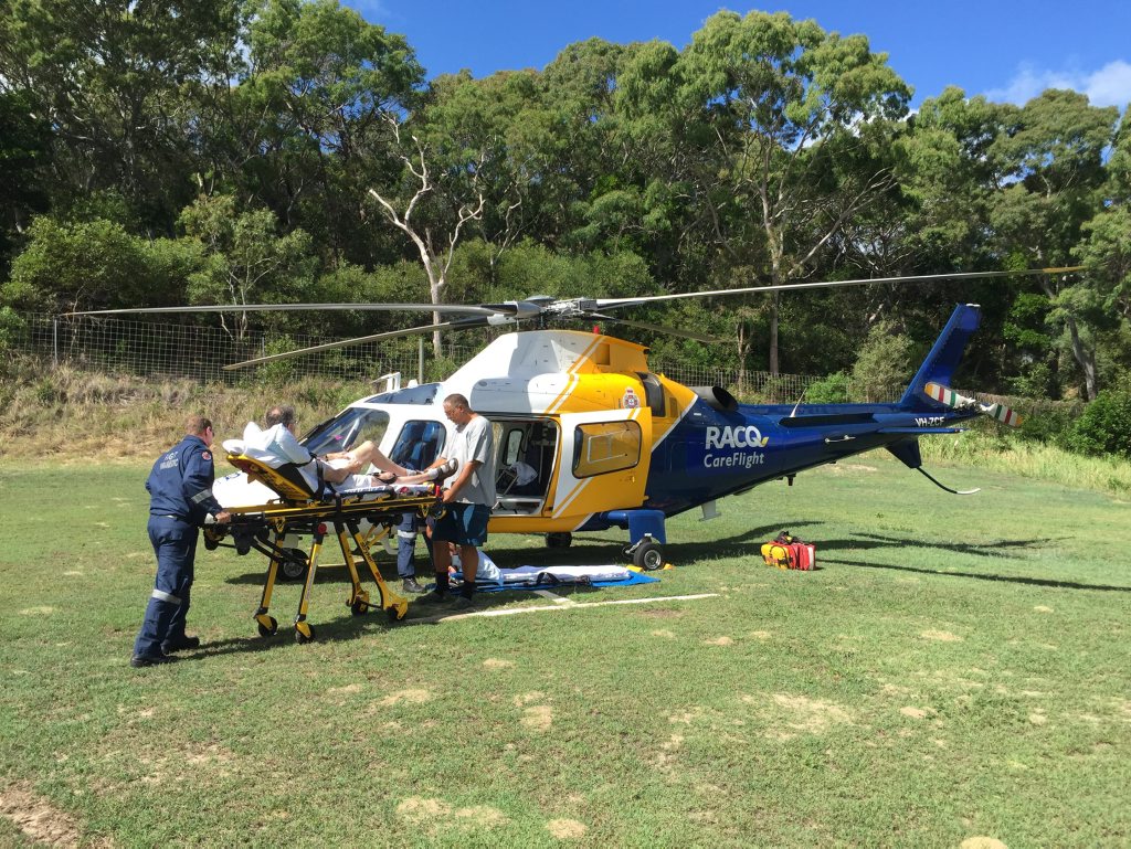 A Scottish man was flown to Hervey Bay Hospital with a broken leg and suspected broken hip after falling from a tour bus on Fraser Island. A Scottish man was flown to Hervey Bay Hospital with a broken leg and suspected broken hip after falling from a tour bus on Fraser Island.